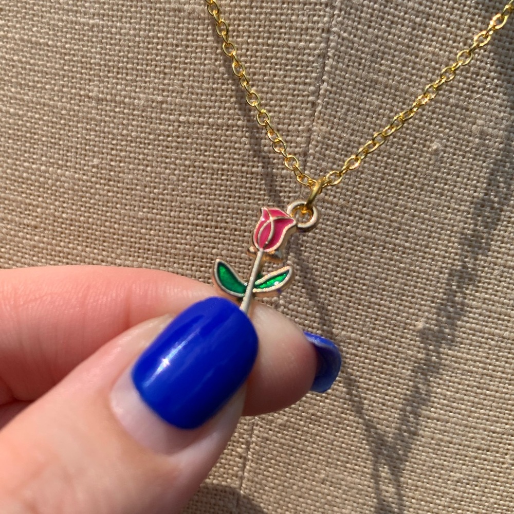 NWT Sterling Silver Plated Chain, Enamel Rose Flower Alloy Charm Neckkace - Picture 10 of 15